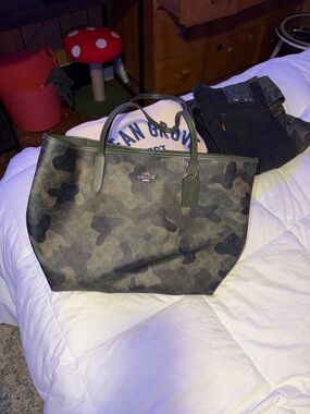 Coach Green Camouflage Canvas Tote with Leather Trim